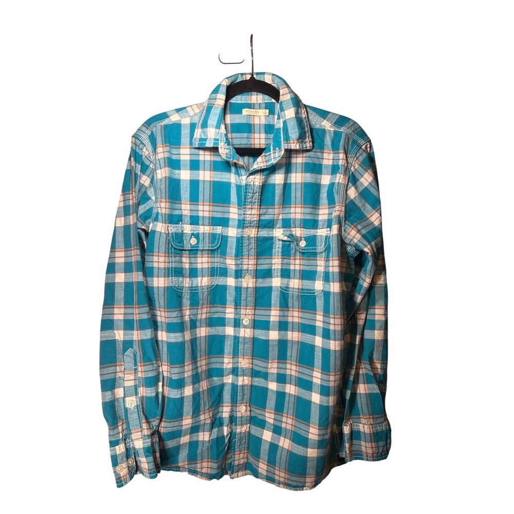 Sonoma Goods For Life Mens Medium Turquoise Plaid Cotton Button Down Shirt 0461